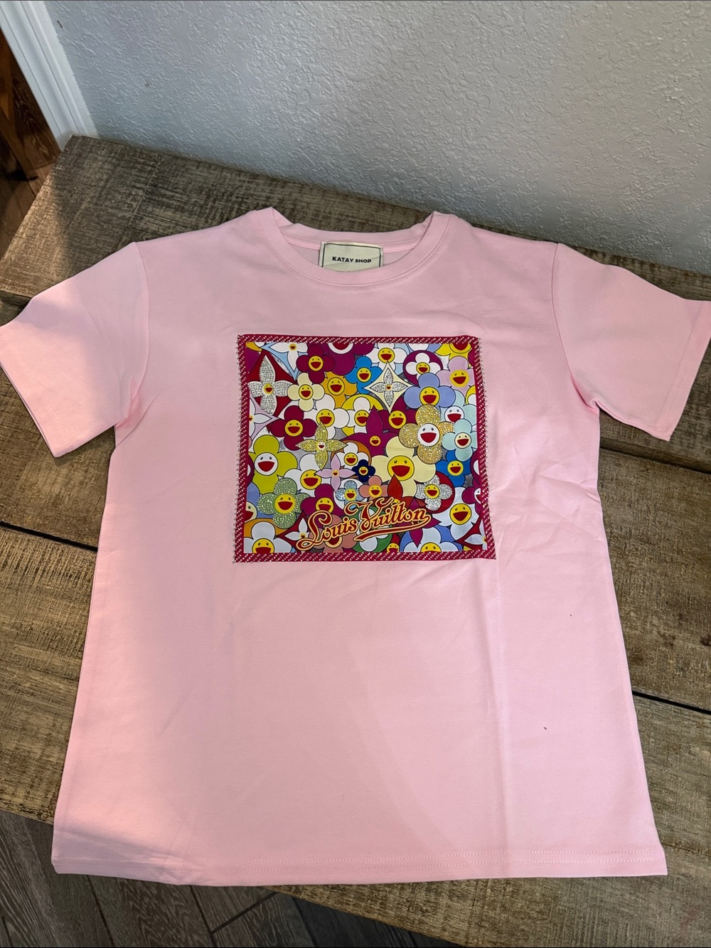 Light Pink Women’s Stretch Graphic Tee with Multicolor Patch